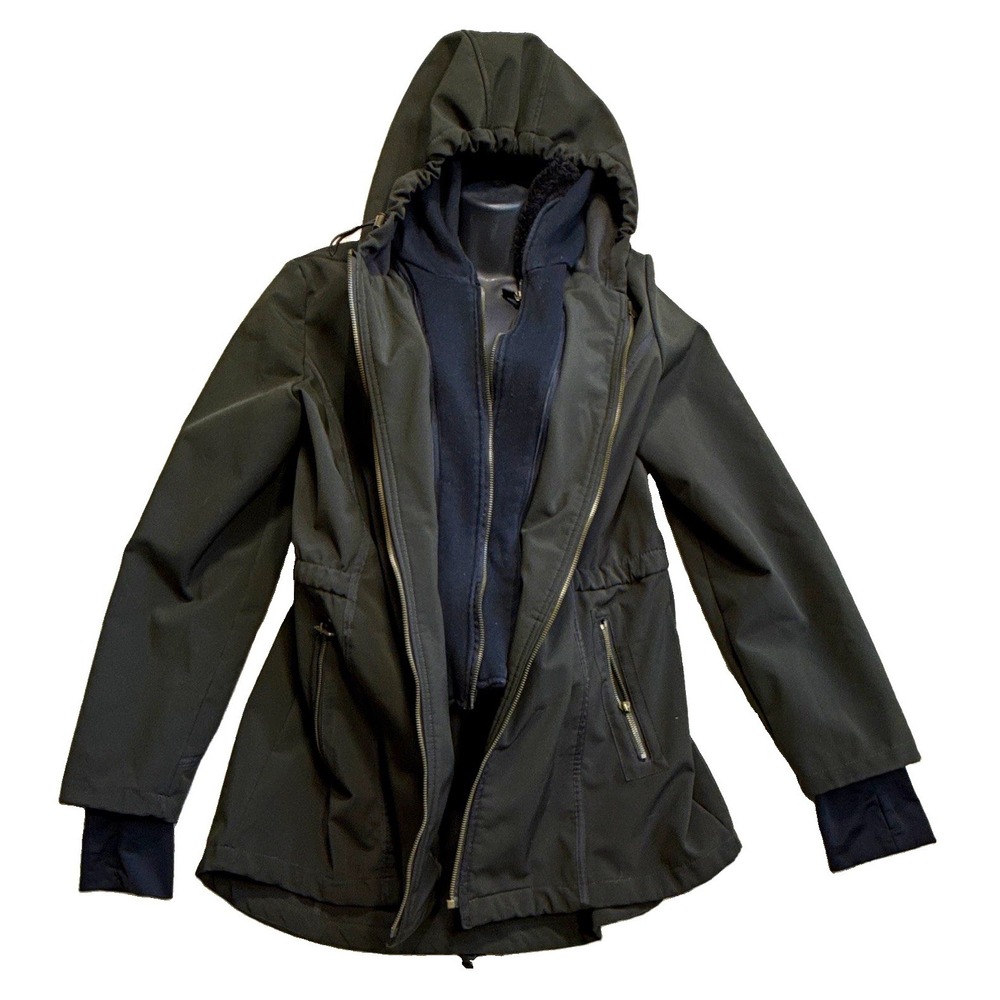 French Connection Women's Black Hooded Softshell Zip Mid-Length Jacket Size L